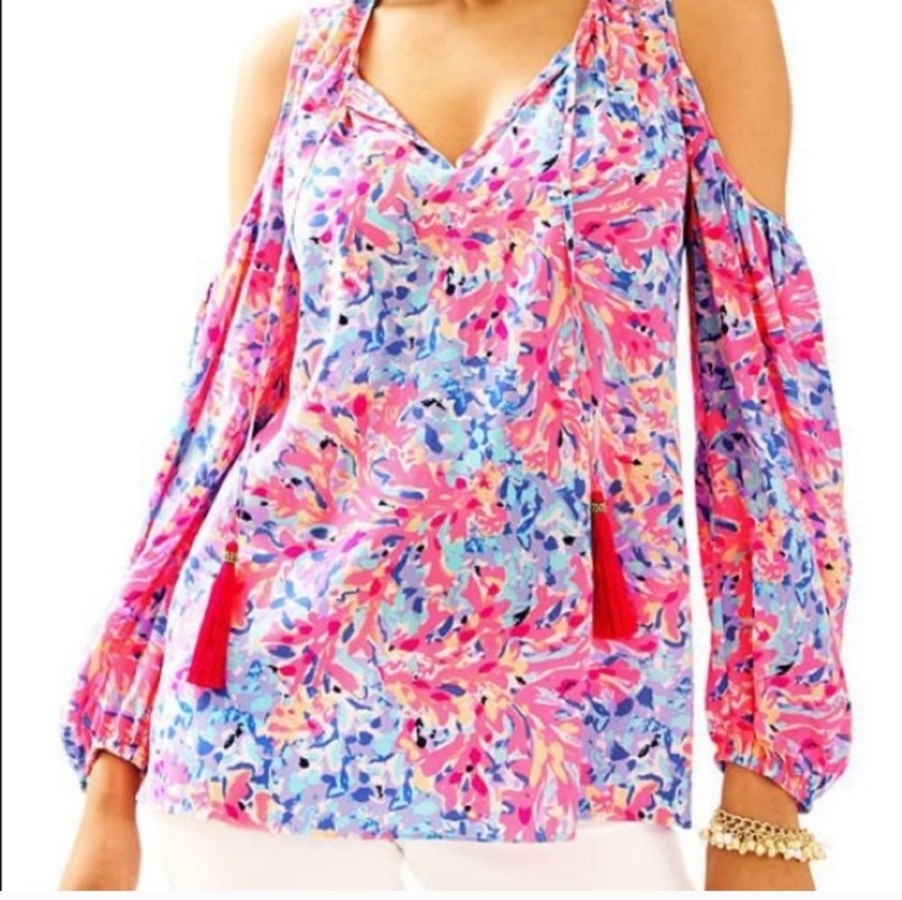 LIKE NEW Lilly Pulitzer Finch Silk Open Shoulder Top Size Large